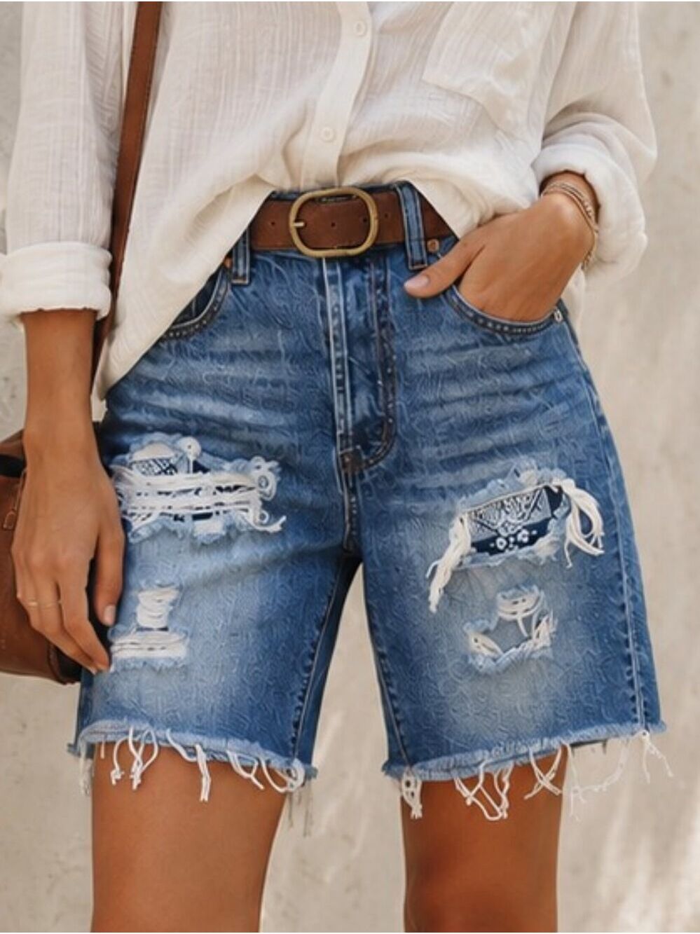 S.O.N.G HIGH RISE CUT-OFF ALL COTTON JEAN DENIM SHORTS DISTRESSED PATCHES 26 EUC